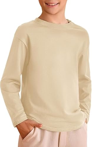 Haloumoning Jungen Langarm T-Shirt Kinder Rundhals Einfarbig Langarmshirt Basic Freizeit Oberteile Sport Tees Tops, Beige, 11-12 Jahre von Haloumoning