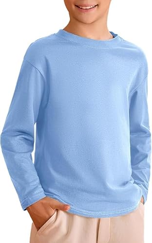 Haloumoning Jungen Langarm T-Shirt Kinder Rundhals Einfarbig Langarmshirt Basic Freizeit Oberteile Sport Tees Tops, Blau, 11-12 Jahre von Haloumoning