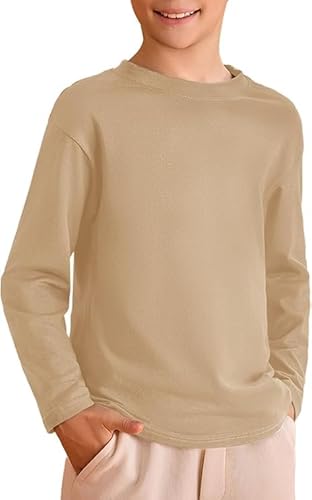 Haloumoning Jungen Langarm T-Shirt Kinder Rundhals Einfarbig Langarmshirt Basic Freizeit Oberteile Sport Tees Tops, Khaki, 13-14 Jahre von Haloumoning