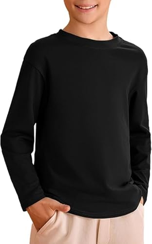 Haloumoning Jungen Langarm T-Shirt Kinder Rundhals Einfarbig Langarmshirt Basic Freizeit Oberteile Sport Tees Tops, Schwarz, 5-6 Jahre von Haloumoning
