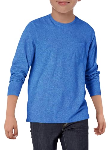 Haloumoning Jungen Langarmshirt Kinder Rundhals T-Shirt Einfarbig Langarm Sport Oberteile Casual Basic Tees Tops mit Brusttasche 5-14 Jahre, Blau, 7-8 Jahre von Haloumoning