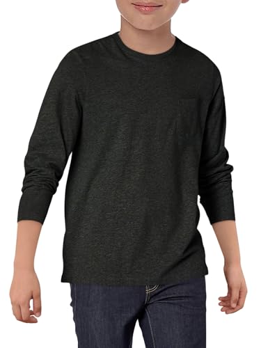 Haloumoning Jungen Langarmshirt Kinder Rundhals T-Shirt Einfarbig Langarm Sport Oberteile Casual Basic Tees Tops mit Brusttasche 5-14 Jahre, Schwarz, 9-10 Jahre von Haloumoning