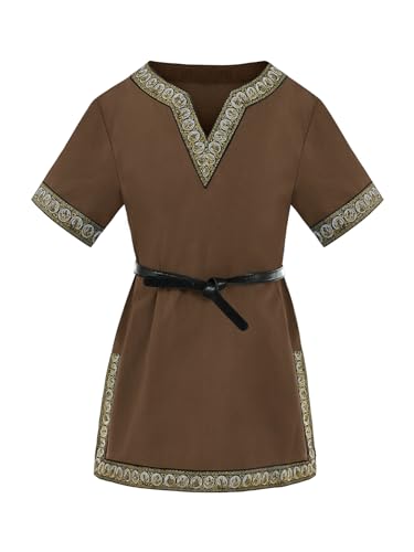 Haloumoning Jungen Mittelalter Tunika Kinder Cosplay T-Shirts Kostüm Halloween Renaissance Wikinger Warrior Ritter Tops, Braun, 6-8 Jahre von Haloumoning