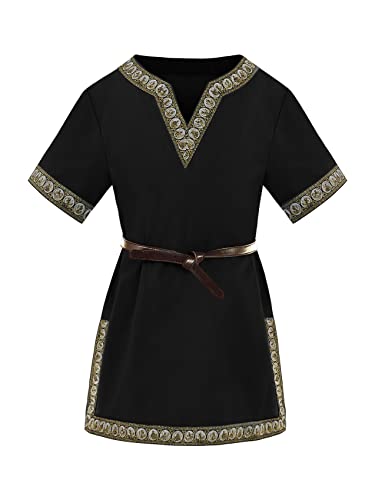 Haloumoning Jungen Mittelalter Tunika Kinder Cosplay T-Shirts Kostüm Halloween Renaissance Wikinger Warrior Ritter Tops, Schwarz, 8-10 Jahre von Haloumoning
