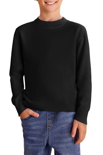Haloumoning Jungen Pullover Kinder Rundhals Langarm Strickpullover Weicher Leichte Basic Sweater Pulli Einfarbig Casual Sweatshirt, Schwarz, 9-10 Jahre von Haloumoning