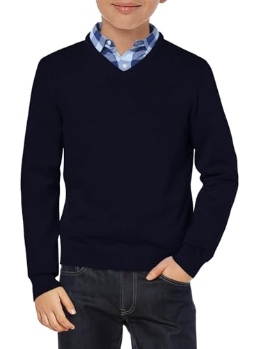 Haloumoning Jungen Pullover V-Ausschnitt Uniform Kinder Langarm Strickpullover Einfarbig Basic Casual Leichte Gestrickte Oberteile, Dunkelblau, 13-14 Jahre von Haloumoning