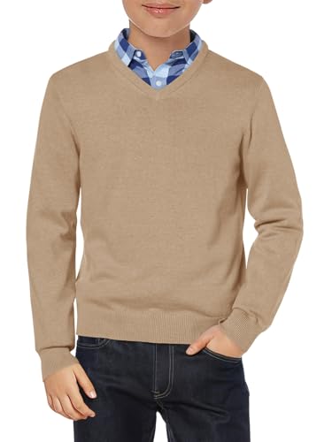 Haloumoning Jungen Pullover V-Ausschnitt Uniform Kinder Langarm Strickpullover Einfarbig Basic Casual Leichte Gestrickte Oberteile, Khaki, 5-6 Jahre von Haloumoning