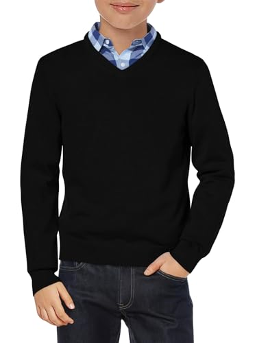 Haloumoning Jungen Pullover V-Ausschnitt Uniform Kinder Langarm Strickpullover Einfarbig Basic Casual Leichte Gestrickte Oberteile, Schwarz, 11-12 Jahre von Haloumoning