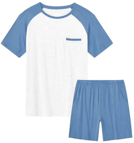 Haloumoning Jungen Schlafanzug Set Kinder Kurzarm Pyjamaset Sommer Zweiteiliger Nachtwäsche mit T-Shirt und Schlafhose Shorts - Größe 120 bis 160 Blau 130 von Haloumoning