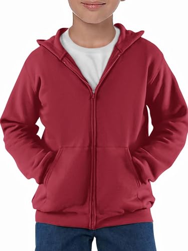 Haloumoning Jungen Sweatjacke Langarm Zip Up Hoodie Kinder Einfarbig Sport Kapuzenjacke Casual Basic Jacke mit Reißverschluss, Weinrot, 7-8 Jahre von Haloumoning