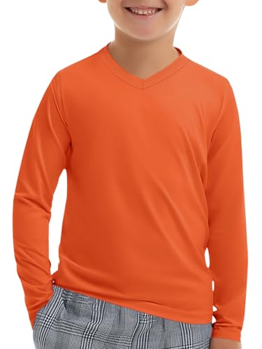 Haloumoning Jungen V-Ausschnitt UV Shirt UPF 50+ Kinder Schnelltrocknend V-Neck Langarmshirt Weich Einfarbig T-Shirt Langarm Orange 7-8 Jahre von Haloumoning