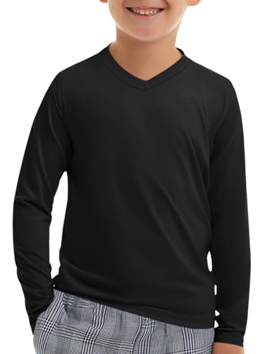 Haloumoning Jungen V-Ausschnitt UV Shirt UPF 50+ Kinder Schnelltrocknend V-Neck Langarmshirt Weich Einfarbig T-Shirt Langarm Schwarz 13-14 Jahre von Haloumoning