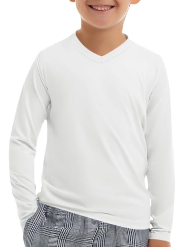Haloumoning Jungen V-Ausschnitt UV Shirt UPF 50+ Kinder Schnelltrocknend V-Neck Langarmshirt Weich Einfarbig T-Shirt Langarm Weiß 11-12 Jahre von Haloumoning