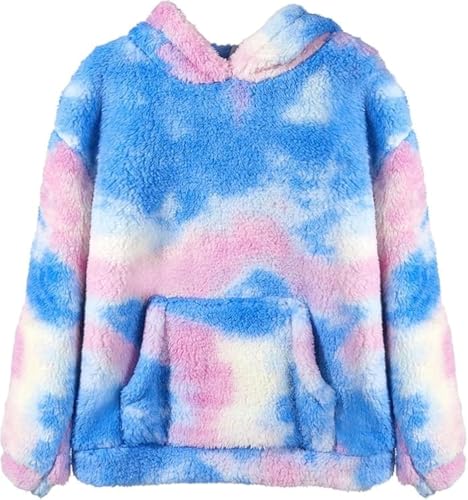 Haloumoning Kapuzenpullover Kinder Teddy Fleece Hoodie Tie Dye Warm Sherpa Sweatershirt Mädchen Jungen Langarm Baumwolle Pullover mit Kapuze Taschen Blau 160 von Haloumoning