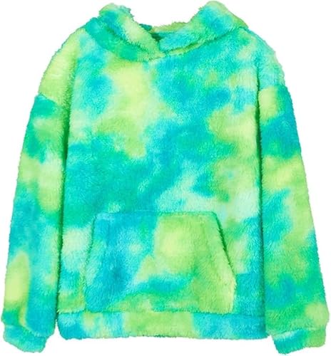 Haloumoning Kapuzenpullover Kinder Teddy Fleece Hoodie Tie Dye Warm Sherpa Sweatershirt Mädchen Jungen Langarm Baumwolle Pullover mit Kapuze Taschen Grün 160 von Haloumoning