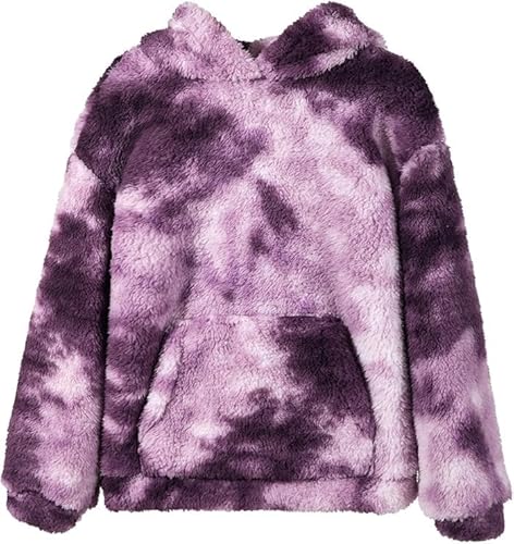 Haloumoning Kapuzenpullover Kinder Teddy Fleece Hoodie Tie Dye Warm Sherpa Sweatershirt Mädchen Jungen Langarm Baumwolle Pullover mit Kapuze Taschen Lila 160 von Haloumoning