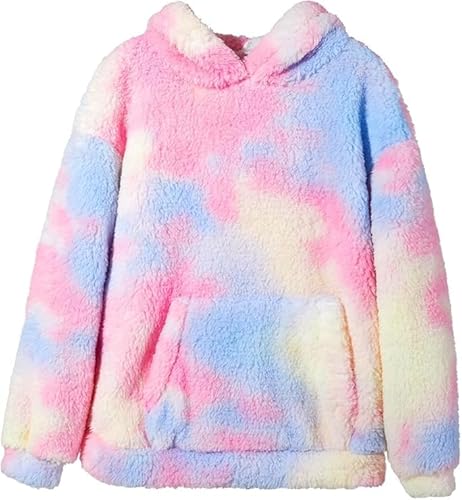 Haloumoning Kapuzenpullover Kinder Teddy Fleece Hoodie Tie Dye Warm Sherpa Sweatershirt Mädchen Jungen Langarm Baumwolle Pullover mit Kapuze Taschen Rosa 130 von Haloumoning
