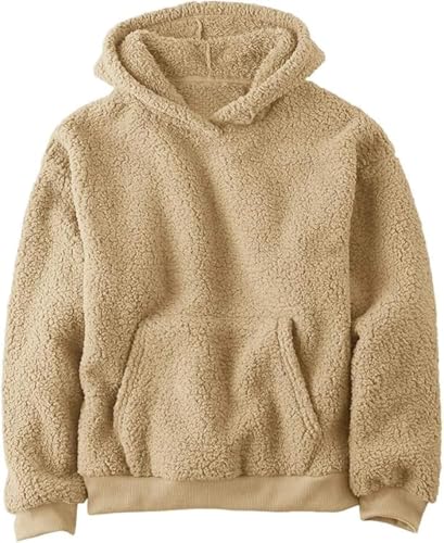 Haloumoning Kapuzenpullover Kinder Teddy Fleece Hoodie Unisex Warm Sherpa Sweatershirt Mädchen Jungen Winter Plüsch Pullover mit Taschen Beige 150 von Haloumoning