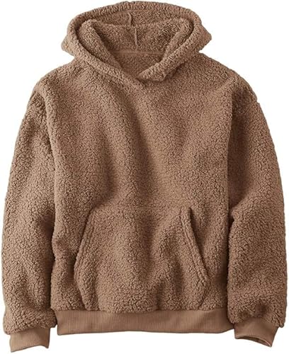 Haloumoning Kapuzenpullover Kinder Teddy Fleece Hoodie Unisex Warm Sherpa Sweatershirt Mädchen Jungen Winter Plüsch Pullover mit Taschen Braun 140 von Haloumoning