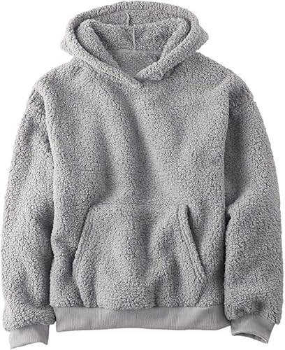 Haloumoning Kapuzenpullover Kinder Teddy Fleece Hoodie Unisex Warm Sherpa Sweatershirt Mädchen Jungen Winter Plüsch Pullover mit Taschen Grau 130 von Haloumoning