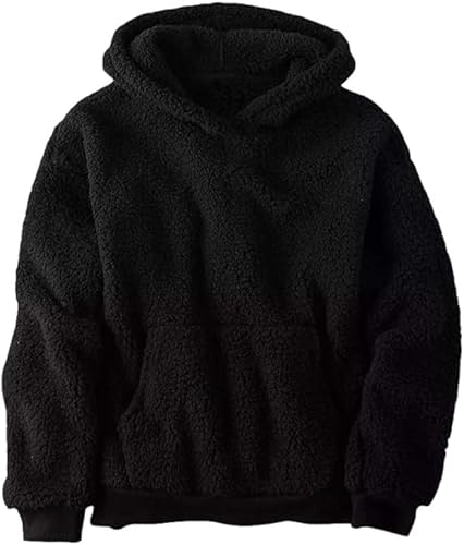 Haloumoning Kapuzenpullover Kinder Teddy Fleece Hoodie Unisex Warm Sherpa Sweatershirt Mädchen Jungen Winter Plüsch Pullover mit Taschen Schwarz 140 von Haloumoning