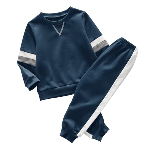 Haloumoning Kinder Trainingsanzug Jungen Sportanzug Rundhalspullover und Hose mit Kordelzug Dunkelblau 6-8 Jahre von Haloumoning
