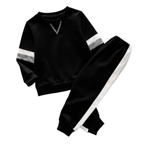 Haloumoning Kinder Trainingsanzug Jungen Sportanzug Rundhalspullover und Hose mit Kordelzug Schwarz 8-10 Jahre von Haloumoning