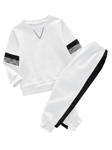 Haloumoning Kinder Trainingsanzug Jungen Sportanzug Rundhalspullover und Hose mit Kordelzug Weiß 8-10 Jahre von Haloumoning