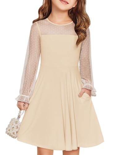 Haloumoning Kleider Mädchen Festliches Prinzessin Kleid Kinder Kontrast Mesh Langarm Puff Sommerkleider Elegant A-Linie Rundhals Partykleid mit Taschen, Khaki, 13-14 Jahre von Haloumoning