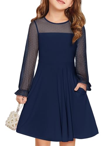 Haloumoning Kleider Mädchen Festliches Prinzessin Kleid Kinder Kontrast Mesh Langarm Puff Sommerkleider Elegant A-Linie Rundhals Partykleid mit Taschen, Marineblau, 11-12 Jahre von Haloumoning