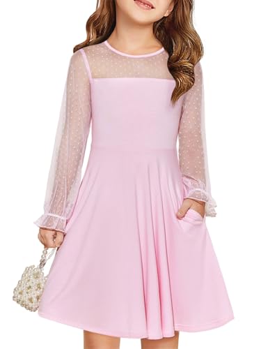 Haloumoning Kleider Mädchen Festliches Prinzessin Kleid Kinder Kontrast Mesh Langarm Puff Sommerkleider Elegant A-Linie Rundhals Partykleid mit Taschen, Rosa, 9-10 Jahre von Haloumoning