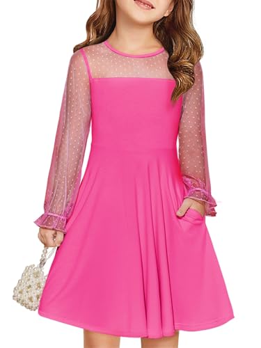 Haloumoning Kleider Mädchen Festliches Prinzessin Kleid Kinder Kontrast Mesh Langarm Puff Sommerkleider Elegant A-Linie Rundhals Partykleid mit Taschen, Rosa Rot, 7-8 Jahre von Haloumoning