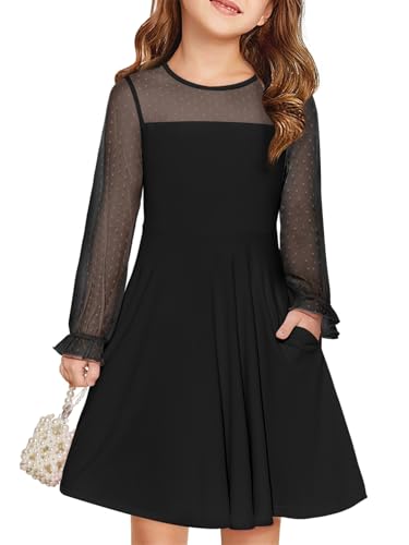 Haloumoning Kleider Mädchen Festliches Prinzessin Kleid Kinder Kontrast Mesh Langarm Puff Sommerkleider Elegant A-Linie Rundhals Partykleid mit Taschen, Schwarz, 9-10 Jahre von Haloumoning