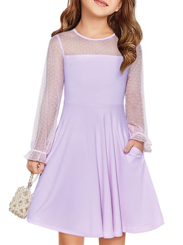 Haloumoning Kleider Mädchen Festliches Prinzessin Kleid Kinder Kontrast Mesh Langarm Puff Sommerkleider Elegant A-Linie Rundhals Partykleid mit Taschen, Violett, 9-10 Jahre von Haloumoning