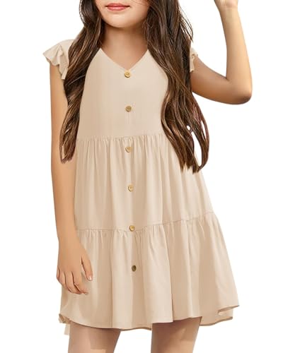 Haloumoning Kleider Sommer für Mädchen Ruffled Sleeves A-line Elegant T-Shirt Kleid Festliches Partykleid V Neck Freizeitkleid Beige 10-12 Jahre von Haloumoning