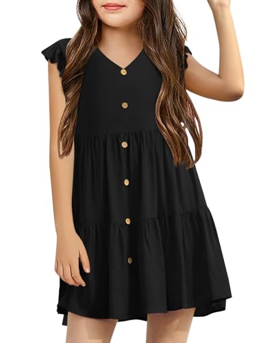 Haloumoning Kleider Sommer für Mädchen Ruffled Sleeves A-line Elegant T-Shirt Kleid Festliches Partykleid V Neck Freizeitkleid Schwarz 10-12 Jahre von Haloumoning