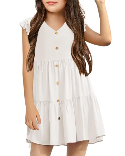 Haloumoning Kleider Sommer für Mädchen Ruffled Sleeves A-line Elegant T-Shirt Kleid Festliches Partykleid V Neck Freizeitkleid Weiß 10-12 Jahre von Haloumoning