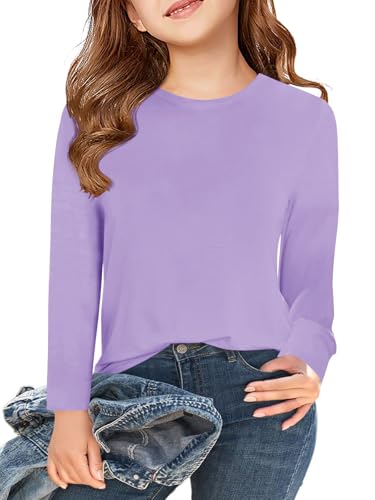 Haloumoning Langarm T-Shirt Mädchen Rundhals Basic Tops Kinder Einfarbige Niedlich Langarmshirt Casual Oberteile 5-14 Jahre, Lila, 9-10 Jahre von Haloumoning