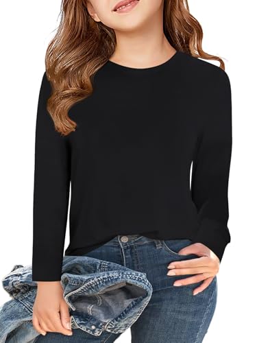 Haloumoning Langarm T-Shirt Mädchen Rundhals Basic Tops Kinder Einfarbige Niedlich Langarmshirt Casual Oberteile 5-14 Jahre, Schwarz, 5-6 Jahre von Haloumoning