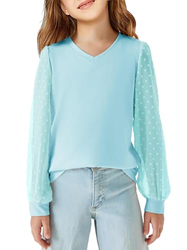 Haloumoning Langarmshirt Mädchen Pullover V-Ausschnitt Longsleeve T-Shirt Lässige Lose Bluse Freizeit Niedlich Weiche Tops für Kinder Schweizer Punkt Oberteile Blau 5-6 Jahre von Haloumoning