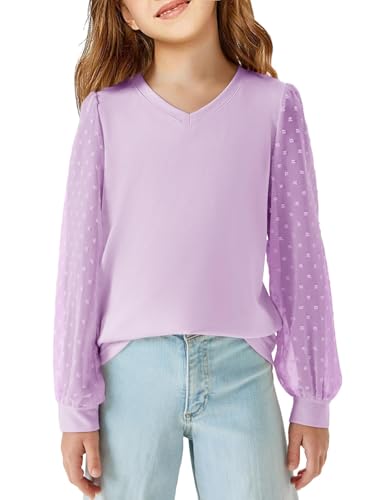 Haloumoning Langarmshirt Mädchen Pullover V-Ausschnitt Longsleeve T-Shirt Lässige Lose Bluse Freizeit Niedlich Weiche Tops für Kinder Schweizer Punkt Oberteile Lila 13-14 Jahre von Haloumoning