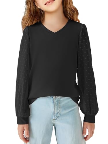 Haloumoning Langarmshirt Mädchen Pullover V-Ausschnitt Longsleeve T-Shirt Lässige Lose Bluse Freizeit Niedlich Weiche Tops für Kinder Schweizer Punkt Oberteile Schwarz 5-6 Jahre von Haloumoning