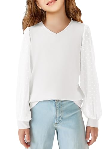 Haloumoning Mädchen Langarmshirt V-Ausschnitt Pullover Longsleeve T-Shirt Lässige Lose Bluse Freizeit Niedlich Weiche Tops für Kinder Schweizer Punkt Oberteile Weiß 7-8 Jahre von Haloumoning