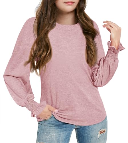 Haloumoning Langarmshirt Mädchen T Shirts Tunika Rüschen Kinder Freizeit Tops Rundhals Einfarbige Casual Lose Bluse,Rosa,4-6Jahre von Haloumoning