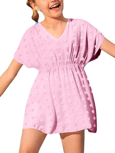 Haloumoning Mädchen Bademode Cover Ups Kinder Strand Coverups Bikini Badeanzug Cover Up Niedliches Strandkleid, Rosa, 10-12 Jahre von Haloumoning