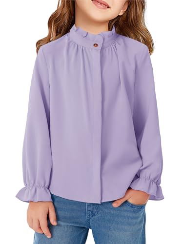 Haloumoning Mädchen Blusen Rüschen Langarmshirts Knopf Stehkragen Hemd Kinder Niedlich Ruffle Tops, Violett, 12-14 Jahre von Haloumoning