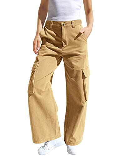 Haloumoning Mädchen Cargohose Baumwoll Y2K Baggy Cargo Hose Kinder Straight Leg Hohe Taille Jogginghose Casual Outdoorhose mit Elastische Taille und Taschen, Khaki, 13-14 Jahre von Haloumoning