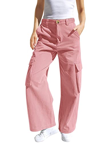 Haloumoning Mädchen Cargohose Baumwoll Y2K Baggy Cargo Hose Kinder Straight Leg Hohe Taille Jogginghose Casual Outdoorhose mit Elastische Taille und Taschen, Rosa, 13-14 Jahre von Haloumoning