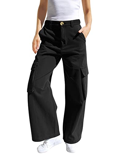 Haloumoning Mädchen Cargohose Baumwoll Y2K Baggy Cargo Hose Kinder Straight Leg Hohe Taille Jogginghose Casual Outdoorhose mit Elastische Taille und Taschen, Schwarz, 13-14 Jahre von Haloumoning
