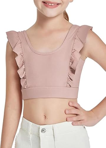 Haloumoning Mädchen Crop Top Sport BHS Rüschen Unterwäsche Fliegende Ärmelloses Ruffle Bauchfrei Yoga Ballett Tshirt für Kinder Tank Tops Rosa 130 von Haloumoning